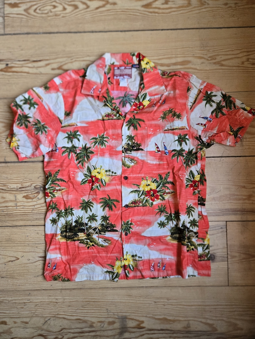 RJC Hawaiian Shirt Tropical Print Coral Size L Made in USA